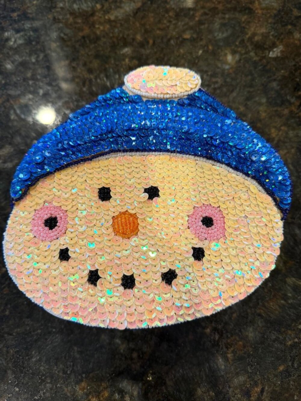 Snowman Face Sequin Trinket 7in Box Blue White Beaded Holiday Christmas Decor